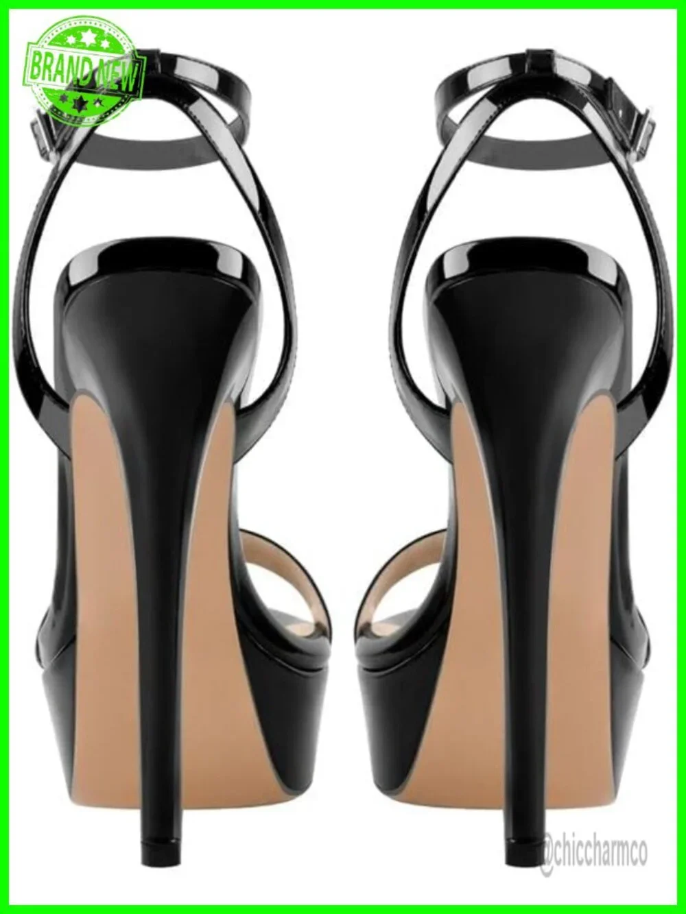 Patent Leather Platform Stiletto Sandals, Open Toe Ankle Strap High Heels for